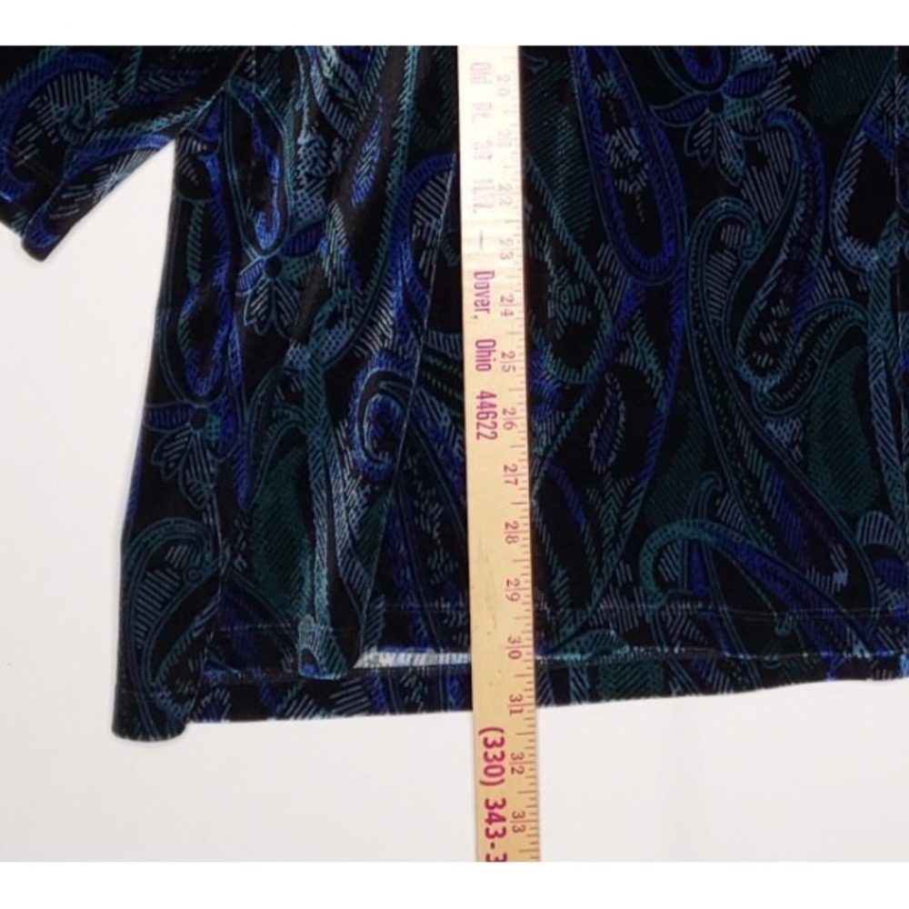 Catherines Paisley Velvet Top Women 26/28 Blue Black Stretch 3/4 Scoop Velour - Picture 4 of 8